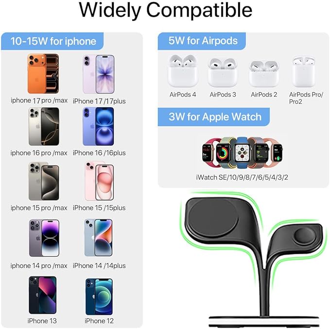 EXW Wireless Charging Station for Magsafe Charger,Charging Station for Multiple Devices,Wireless Charger for iPhone 17 Air 16 15 14 13 12,Apple Watch,AirPods with LED(Black)