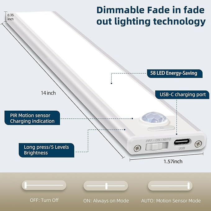 14inch Under Cabinet Lighting, 4 Pack Rechargeable Motion Sensor Light Indoor, Wireless Dimmable Magnetic Closet Lights, 58 LED Under Counter Lights for Kitchen, Wardrobe, Stairs, Warm Light