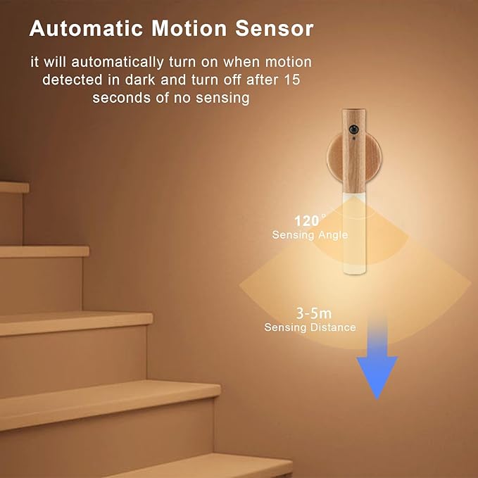 LANDGOO LED Wall Sconces Motion Sensor Lights Portable 360° Lamps Battery Operated Rechargeable Warm Vanity Lighting Fixture Modern for Living Room Bedroom (White Ash Wood 1PC)