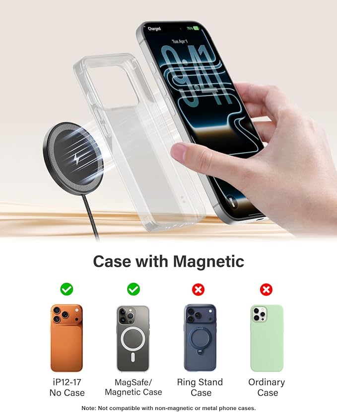 10FT Magnetic Wireless Charger Charging Pad - 15W Qi Fast Phone Charger Puck for Apple iPhone 17 16 15 14 13 12 Series & AirPods 4 3 2 Pro, Phone Charging Pad with Plug for Desk & Travel, 2Pack Black