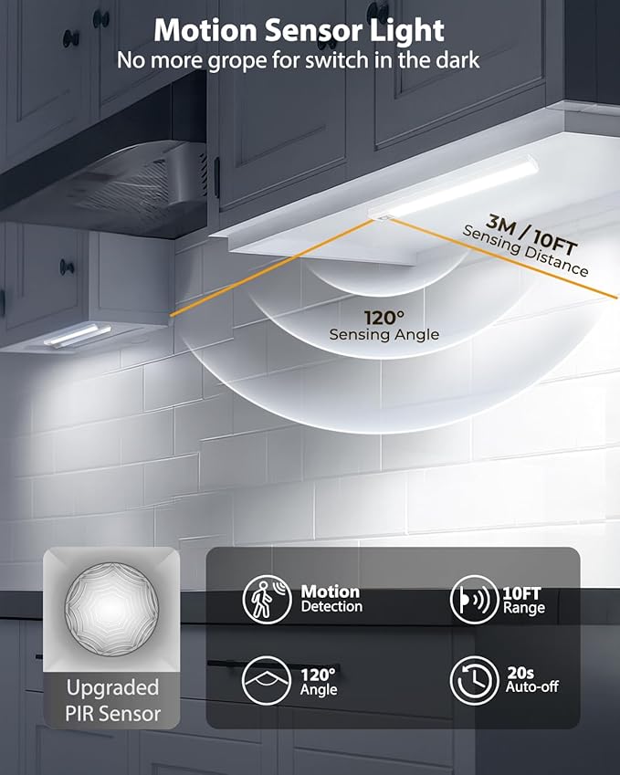 10inch Under Cabinet Lighting, 68 LED Rechargeable Motion Sensor Light Indoor, 6 Levels Dimmable Magnetic Closet Lights, Wireless Under Counter Lights for Kitchen, Stairs, Bedroom, 2-Pack Daylight