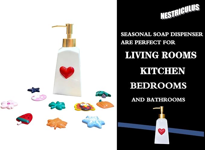 Seasonal Soap Dispenser with 11 Interchangeable Magnets - Seasonal Decor - Farmhouse Bathroom Kitchen Decor (Resin,Built in Magnet) - 8.82oz (Gold)