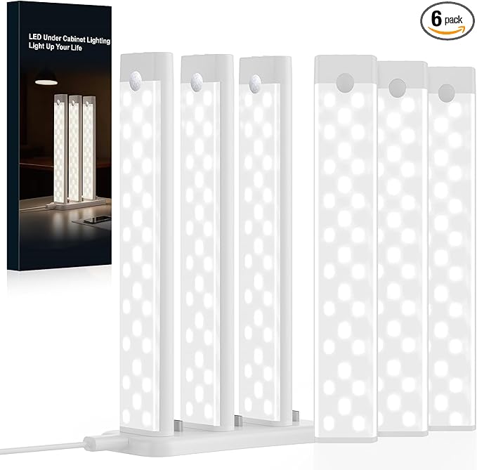 Under Cabinet Lighting 6 Packs with 1 Charging Station, Rechargeable Motion Sensor Light Indoor, 8 Inches, 3 Color Temps, 29LEDs Dimmable Closet Light Stick on, Under Counter Lights for Kitchen