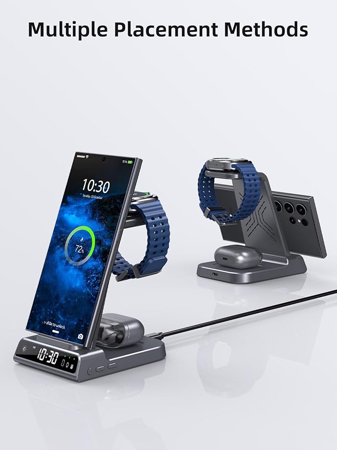 Wireless Charger for Samsung Charging Station: 3 in 1 Android Charging Stand with Dimmable Clock - Nightstand Organizer for Galaxy S25 Ultra, Galaxy Watch 8 7 6 5 4, Galaxy Buds (Not for iWatch)
