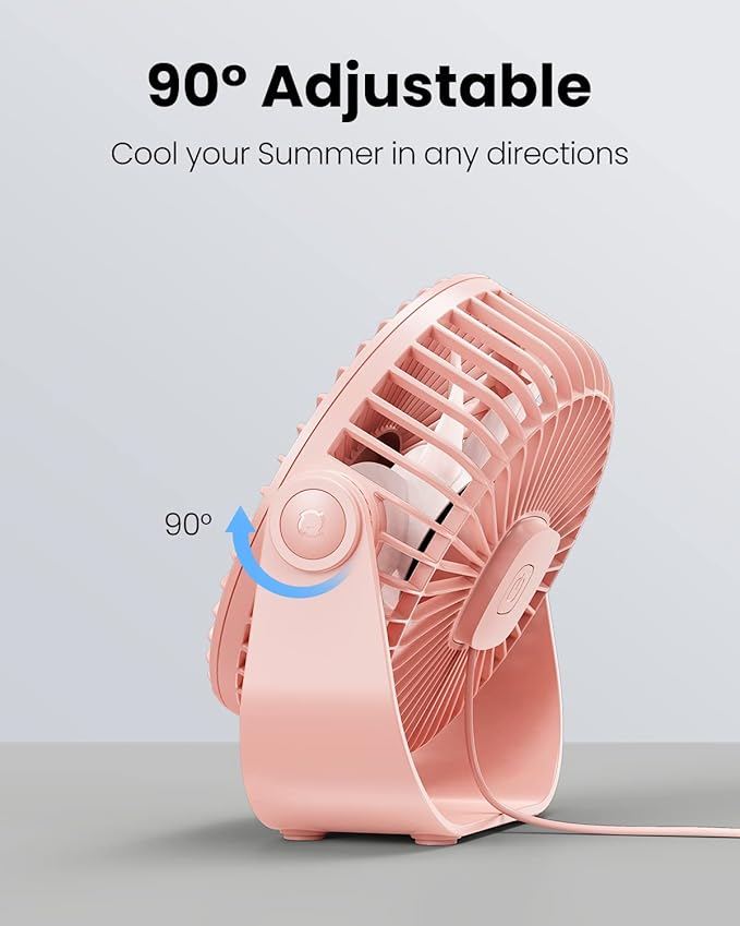 Gaiatop USB Desk Fan, 3 Speeds Strong Airflow, 5.5 Inch Portable 90° Rotate Quiet Cooling, Small Personal Table Fans for Bedroom Home Office Travel Pink