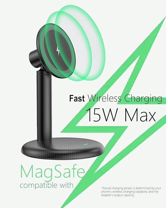 Mag Safe Charger Stand for iPhone 17/Air/16/15/14/13/12,15W Fast Charging,Wireless Charging Pad Compatible with MagSafe Suitable for Desk or Nightstand (No Adapter/Angle Fixed)