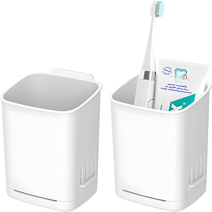 2 Pack Wall Mounted Toothbrush Holders，Removable Drill-Free Wall Shower Holder for Toothbrush,Toothpaste, Razor, Self-draining Self Adhesive Cup in Shower, Kitchen Tableware Organizer(White)