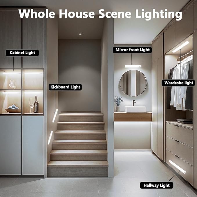 10inch Under Cabinet Lighting, 68 LED Rechargeable Motion Sensor Light Indoor, 6 Levels Dimmable Magnetic Closet Lights, Wireless Under Counter Lights for Kitchen, Stairs, Bedroom, 4-Pack Daylight