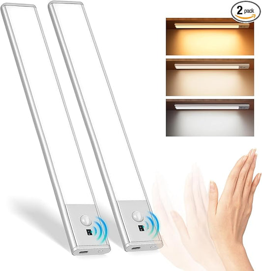 11.8 inch Under Cabinet Lighting with Hand Wave, 78 LED Motion Sensor Light, Rechargeable Closet Lights with 3 Color Temps, Dimming Magnetic Strip Night Lights for Kitchen, Wardrobe, Stairs (2 Pack)
