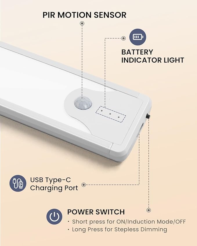 Pak Under Cabinet Lighting, 5 Pack 8 Inch 41 LED Motion Sensor Lights, Rechargeable Battery Operated Closet Light, Wireless Magnetic Dimmable 6500K Daylight White Under Counter Lights for Kitchen