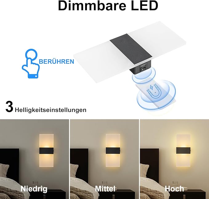 Wall Sconce Battery Operated, 4000mAh Rechargeable Wall Lights with Touch Control, Wireless Wall Lamps for Bedroom, Night Lights for Hallway Stairway Porch Closet
