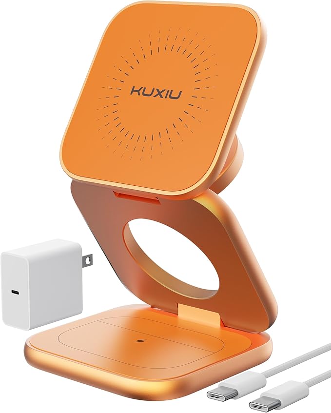 KU XIU Qi2.2 25W Magnetic Wireless Charger, Foldable 3 in 1 Travel Charging Station for iPhone 17/16/15/14/13/12, 5W for Apple Watch & AirPods, Aluminum Alloy Design, 45W GaN Adapter Included, Orange