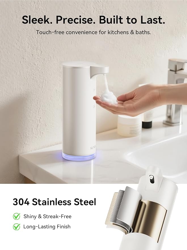 SUNLY Automatic Foam Soap Dispenser, 0.2s Fast Sensor, USB-C Rechargeable, Smudge-Resistant Stainless Steel, Touchless Liquid & Foaming Soap Dispenser for Bathroom, Kitchen, Hotel, White
