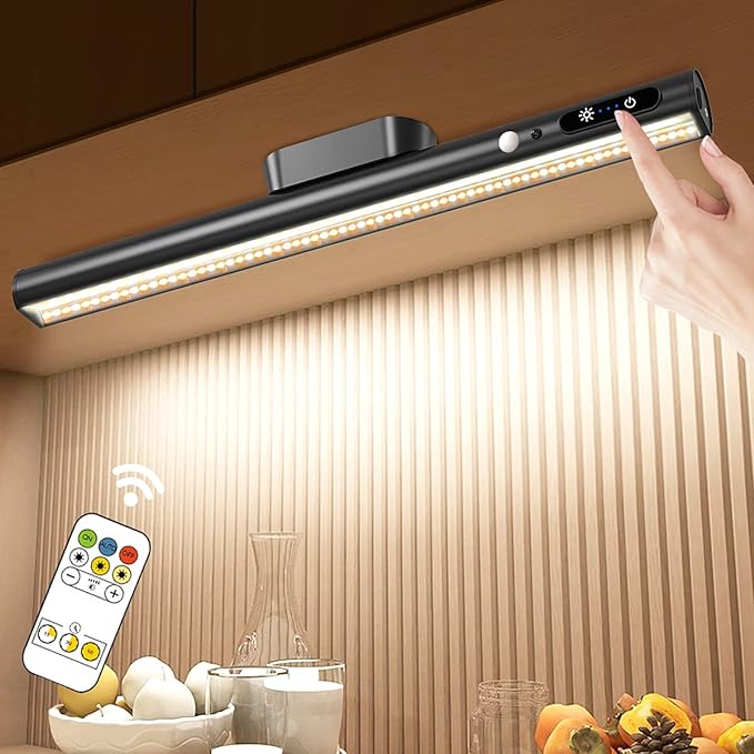 Hapfish Motion Sensor LED Light Bar Indoor, Rechargeable Under Cabinet Lighting Wireless, Magnetic Battery Powered Operated Wall Strip Lights with Remote Control for Desk Mirror Closet Kitchen -Black