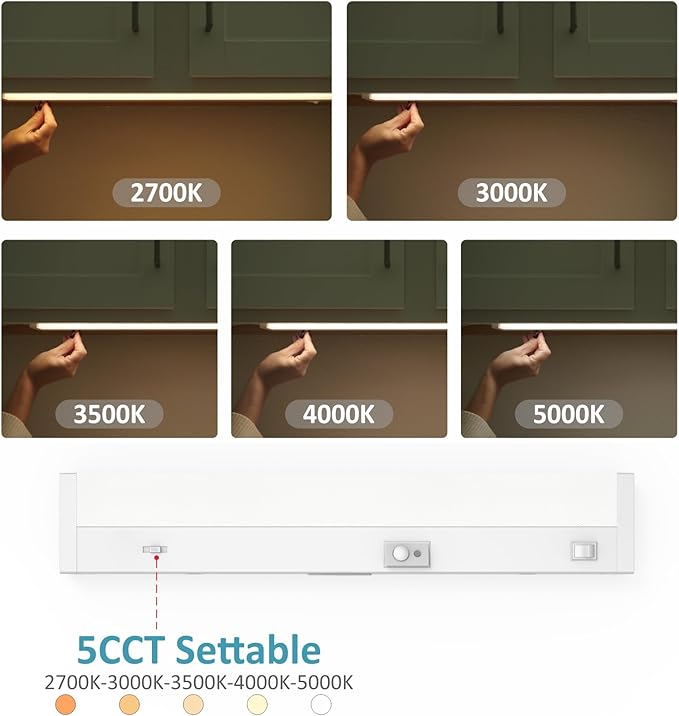 Leetdud Under Cabinet Lighting Motion Sensor Hardwired, 18 Inch 9W Dimmable, 5 CCT 2700/3000/3500/4000/5000K, Eyes Care Design Linkable Under Counter Lights for Kitchen, Sink, ETL Listed, White
