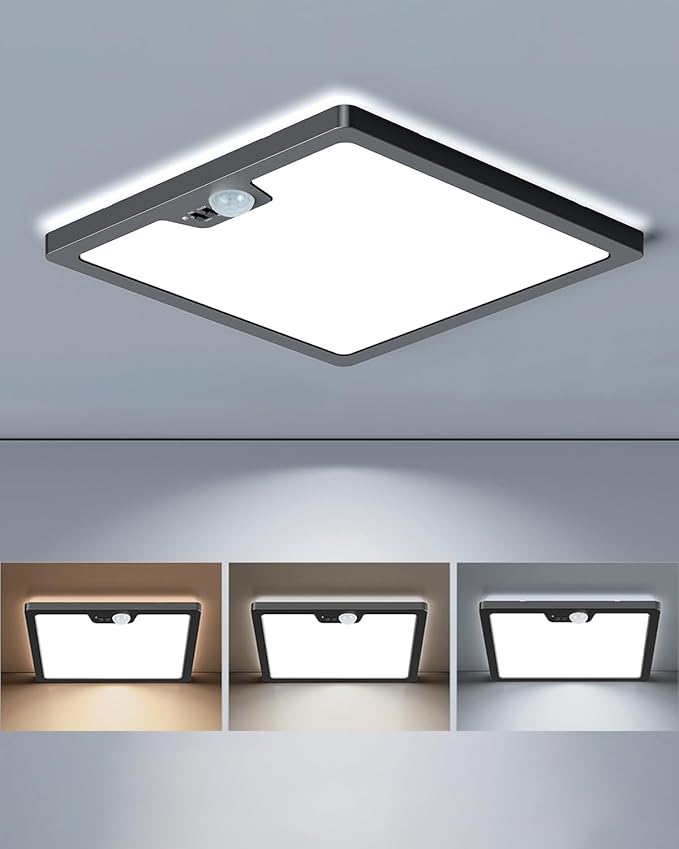 Annaror 12in Motion Sensor Ceiling Light Wired, 3000K 4000K 5000K Selectable, 24W Flush Mount Square Motion Ceiling Light with 3 Timer for Closet Porch Stairs Hallway, Black