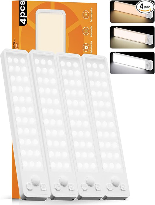 Under Cabinet Rechargeable Dimmable Lighting: 3 Color Temperature Motion Sensor Lights Indoor - Battery Operated Lights - Activated Closet Magnetic Wireless Led Light for Kitchen Home Bathroom 4 Pack