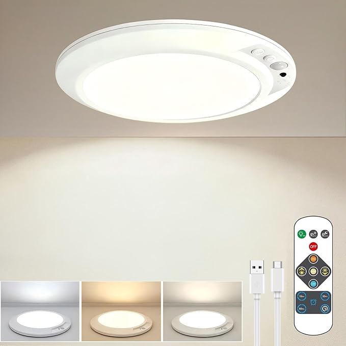 Rechargeable Motion Sensor Ceiling Light with Remote,Magnetic Wireless Ceiling Lights,8000mAh 7.5inch Battery Powered Light for Closet Shower Shed Loft Bathroom Garage cet (3 Color)