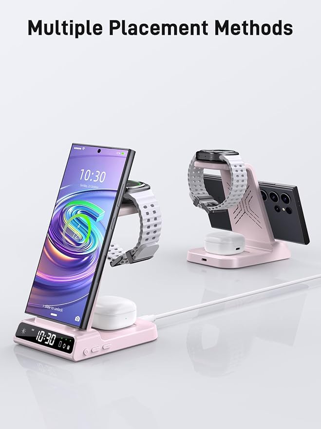 Wireless Charger for Samsung Charging Station: 3 in 1 Android Charging Stand with Dimmable Clock - Nightstand Organizer for Galaxy S25 Ultra, Galaxy Watch 8 7 6 5 4, Galaxy Buds (Not for iWatch)