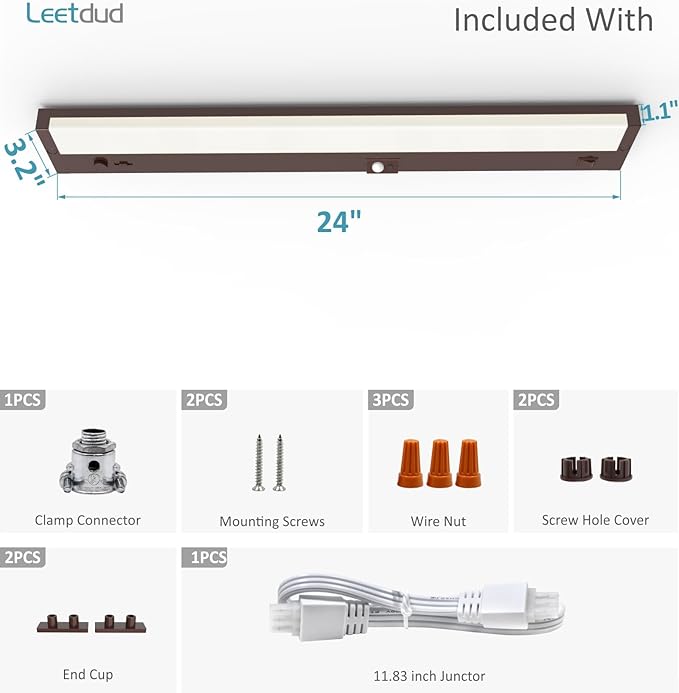 Leetdud LED Under Cabinet Lighting Motion Sensored Hardwired with Built-in Dimmer, 24 Inch 12W Dimmable 5 Color 2700/3000/3500/4000/5000K, Linkable Eyes Care for Kitchen, Counter, ETL Listed, Bronze