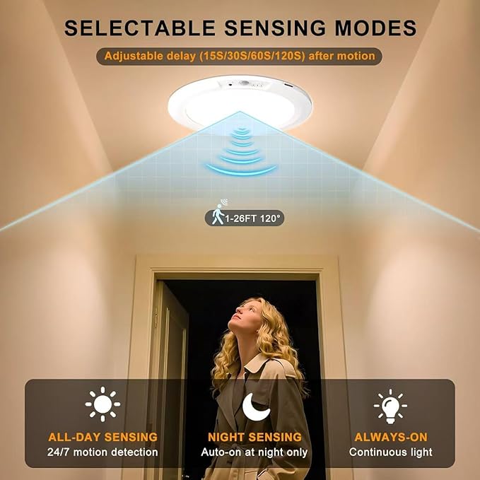 Rechargeable Motion Sensor Ceiling Light, 5 Colors Wireless Battery Operated Shower Lights with Remote, Magnetic Closet Light for Closet Shower Bathroom Hallway, 2 Pack
