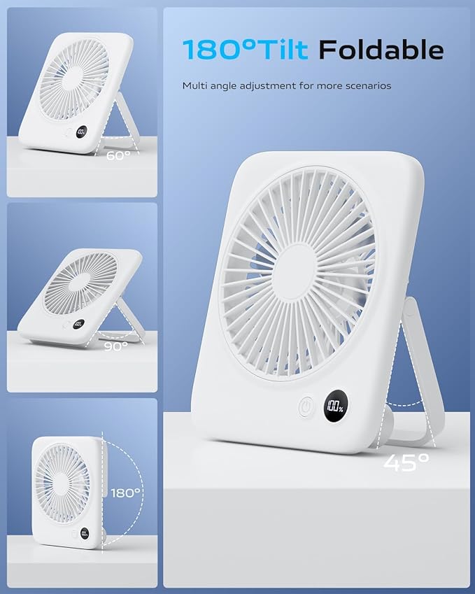 Otlonpe Portable Desk Fan 6.5 Inch, 4000mAh Rechargeable Battery Operated & USB Powered, 23Hrs Cordless Small Personal Fan 4-Speed Quiet for Office Travel Home Sleeping, Led Display, Foldable (White)