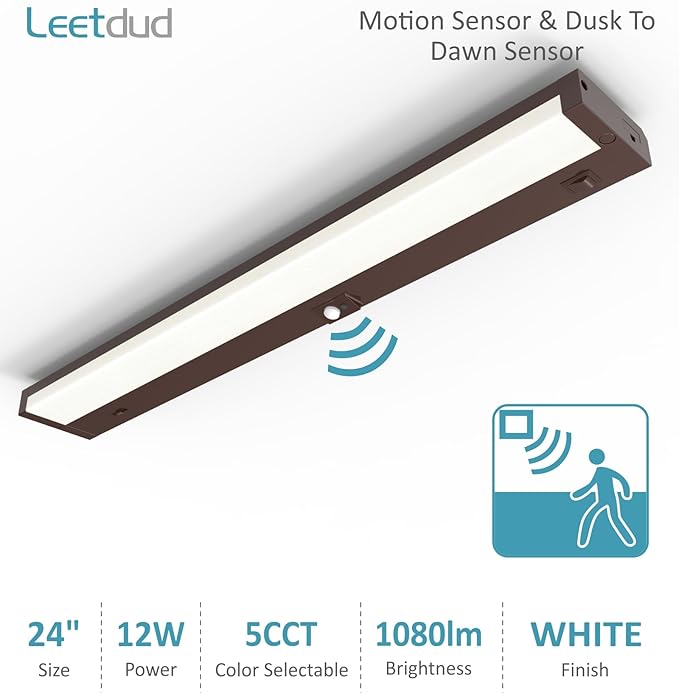 Leetdud Under Cabinet Lighting Motion Sensor Hardwired, 24 Inch 12W Dimmable, 5 CCT 2700/3000/3500/4000/5000K, Eyes Care Design Linkable Under Counter Lights for Kitchen, Sink, ETL Listed, Bronze