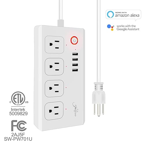Jinvoo WiFi Smart Power Strip Surge Protector Extension Cord Multi Plug with 4 AC Outlets 4 USB Ports, No Hub Required, Works with Google Home