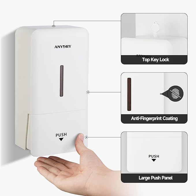 anydry 27oz (800 ml) Manual Wall Mounted Soap Dispenser, Ideal for Commercial Bathrooms Restaurants Hotels, Use with Liquid Hand Soap Shampoo, ABS White