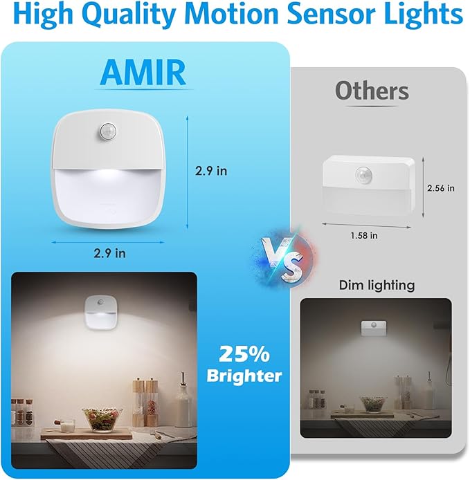AMIR Upgraded Motion Sensor Light Indoor, Stair Lights Battery Operated, Cordless Stick-On LED Night Light for Closet, Hallway, Bathroom, Kitchen, Cabinet, Energy Efficient (White - Pack of 3)