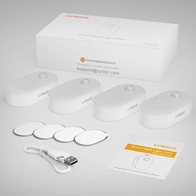 Lyridz Rechargeable Battery Night Light with Motion Sensor, Stick on Anywhere, 1-20LM Dimmable LED Nightlights for the Bedroom, Bathroom, Living Room, Kitchen, Stairs, Hallway, 4-Pack