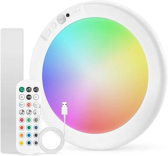 Combuh Rechargeable RGB Ambient Shower Light Waterproof Inside, LED 13 Color Changing Mood Lighting for Bathroom Cordless Battery Operated Stick on Ceiling Lamp with Remote for Bathtub Bedroom