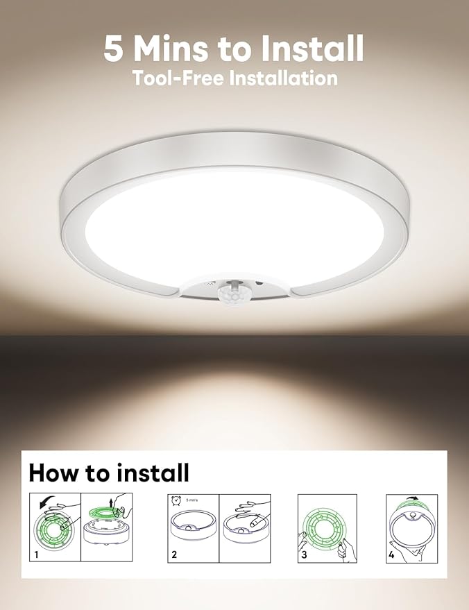Fizrice Rechargeable Motion Sensor Ceiling Light – No Wiring, USB Charging, 150+ Days Battery Life, Perfect for Hallways, Closets & Bathrooms