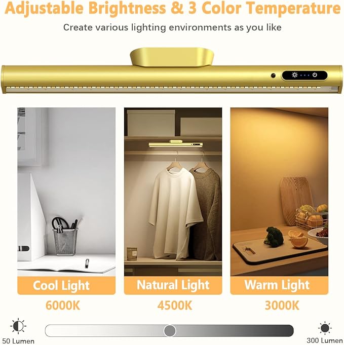 Hapfish Battery Powered Operated Wall Strip Lights, Rechargeable Magnetic LED Light Bar with Remote Control, Dimmable Desk Lamp, Under Cabinet Lighting Wireless for Picture Mirror Closet Room – Gold