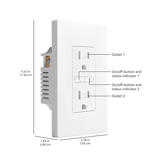 Amazon Basics Smart in-Wall Outlet, Compatible with Alexa Only, Individually Controlled Outlets, Voice Control, WiFi, 15 Amps, 2.4 GHz, No Hub Required, White (Pack of 2)