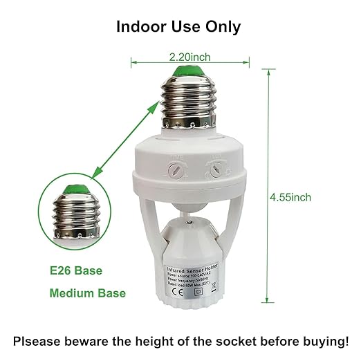 PIR Motion Sensor Light Socket,E26/E27 Smart Lamp Bulb Holder Adapter Auto On/Off Light Control Suitable for Garage Basement Porch Storage Room Indoor Use Only