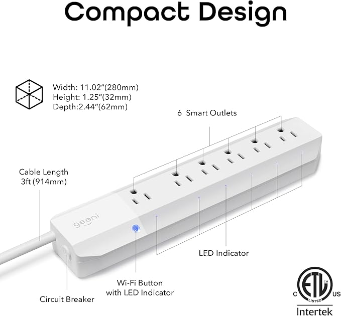 Geeni Smart Surge Protector Power Strip with 6 Wi-Fi Controlled Outlets, Real-Time Energy Monitoring, 3ft Extension Cord, App Control, Compatible with Alexa & Google Assistant, Smart Power Strip