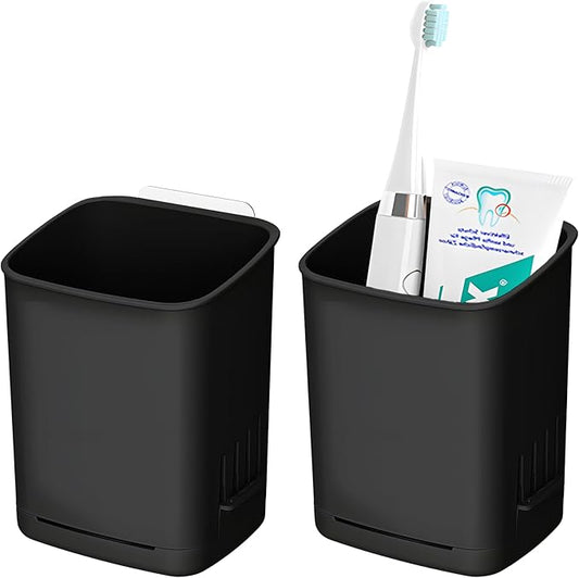 2 Pack Wall Mounted Toothbrush Holders，Removable Drill-Free Wall Shower Holder for Toothbrush,Toothpaste, Razor, Self-draining Self Adhesive Cup in Shower, Kitchen Tableware Organizer (Black