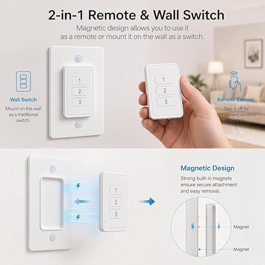 Remote Control Outlet: Wireless Light Switch with Wall Plate — Long Range — Plug in On Off Switch for Lights & Small Appliances — 1 Remote for 3 Outlets — no Wiring