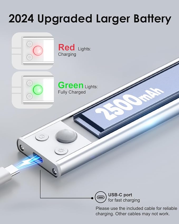 12in Under Cabinet Lighting Wireless, 2500mAh Rechargeable Motion Sensor Lights Indoor, Battery Operated Closet Lights with 3 Color Tempers 108 LED, Dimmable Cabinet Lights for Kitchen Hallway, 5 Pack