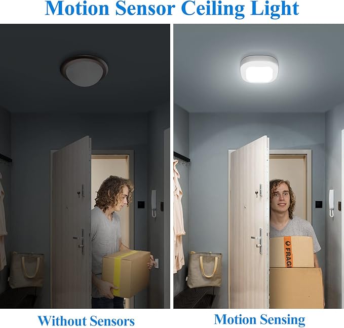 WhitePoplar Closet Light, Battery Operated Ceiling Motion Sensor LED Light, 300LM Indoor Wireless, for Hallway, Garage, Stairway, Pantry, Shed Wall, 2 Pack
