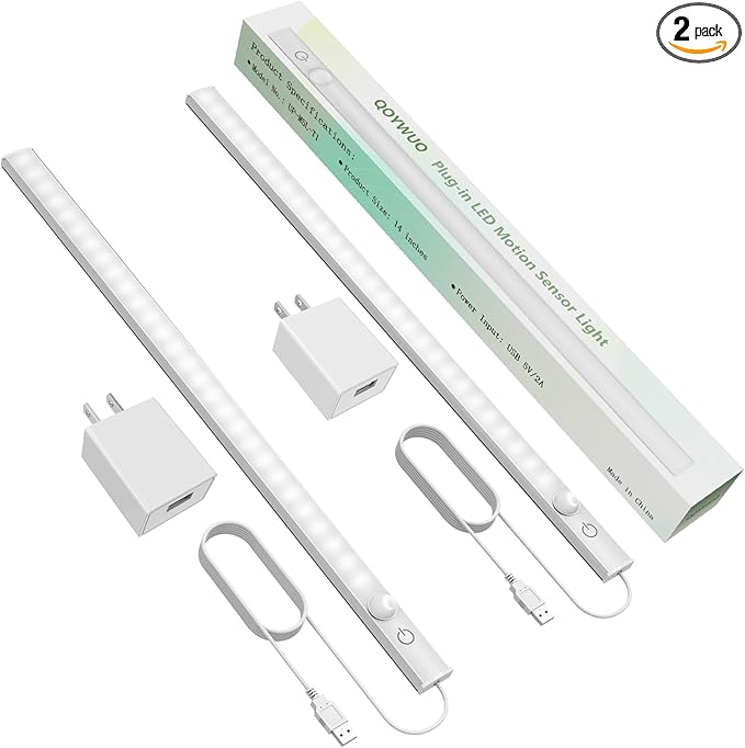 14" Slim USB Plug-in LED Motion Sensor Light Indoor, Bright & Dimmable Under Cabinet Light - 3 Modes (ON/Night/Day) for Kitchen, Cabinet, Closet - 6000K Cool White, 2 Pack (Standalone)
