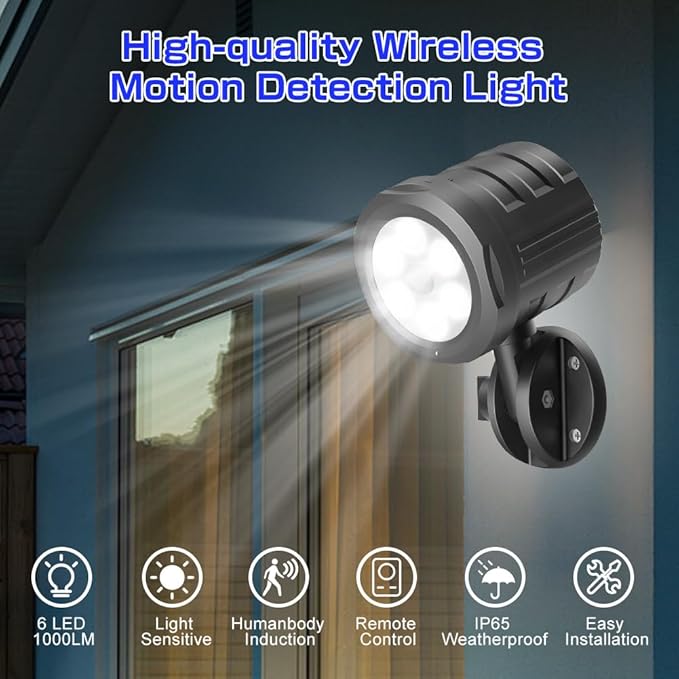 Motion Sensor Outdoor Lights, 1000LM Ultra Bright Wireless Sensor Light with Remote Control, IP65 Waterproof Motion Detector Security Light for Outside, Front Door, Yard, Garage, Stair