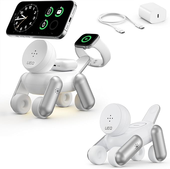 UEQ 3 in 1 Wireless Charging Station for Apple Devices,Foldable Cute Magnetic Mag-Safe Wireless Charger Stand with Night Light for iPhone 17 Air 16 15 14 13 12 Series,AirPods 4 3 2 Pro,Apple Watch
