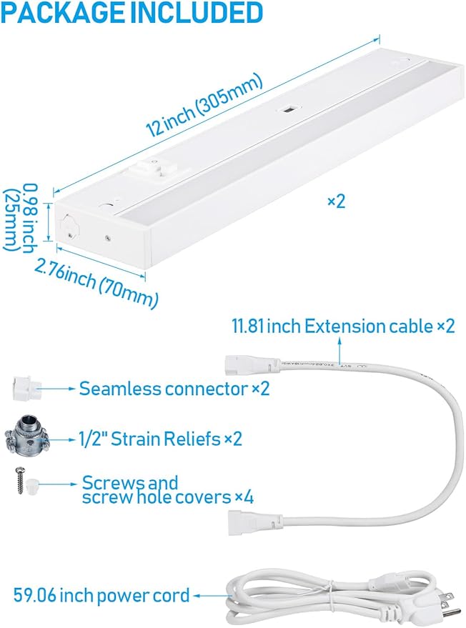 TORCHSTAR LED Under Cabinet Lighting 3CCT, 12 Inch 8W 540LM, Hardwired & Plug-in, Hand Wave Motion Sensor, CRI90 120V ETL Dimmable Under Counter Lights for Kitchen, White Aluminum Housing, Pack of 2