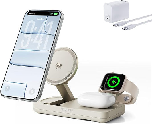 THREEKEY 3 in 1 Qi2 Charger for MagSafe, 25W Wireless Charging Station with MFi-Certified Apple Watch Module for iPhone 17/16/15/14/13/12, AirPods, Pixel 10 Pro XL, 45W Adapter