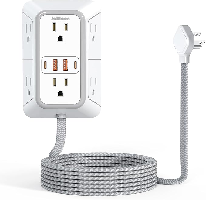 Power Strip Extension Cord - 6 Outlets and 4 USB (2 USB C), 5FT Braided Cord with Ultra Thin Flat Plug, 3 Side Outlet Extender with Overload Protection, Travel, Cruise Ship, Dorm Room Essentials