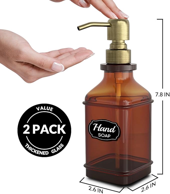 LMQML Soap Dispenser - 2 Pack, Antique Design Thick Amber Glass Hand Soap Dispensers with Sturdy Tray; 304 Rust Proof Stainless Steel Black Pump, 12Pcs Stickers, for Kitchen, Bathroom - Brushed Gold