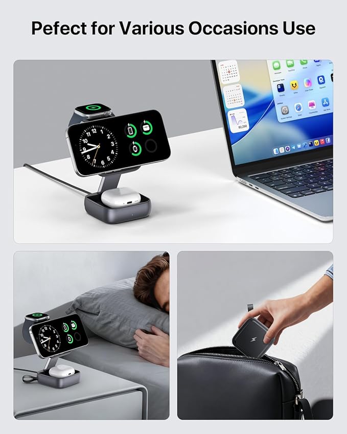 UEQ 3 in 1 Wireless Charging Station for Apple Devices,Foldable Fast Travel Magnetic Wireless Charger,Compatible with MagSafe Charger for iPhone 17 Air 16 15 14 13 12,Apple Watch&AirPods Pro