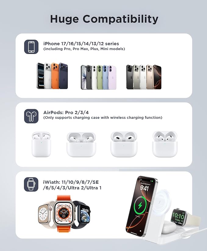 3 in 1 Magnetic Wireless for iPhone Charging Station: Foldable Portable Charger for iPhone 17-12 Pro Max & Apple Watch & AirPods, for Apple Multiple Devices Charger for Home,Office&Travel